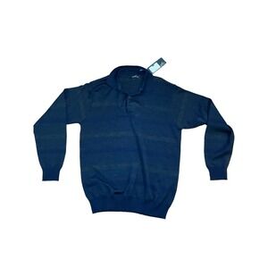 Istos Sweater Men Size L Blue Striped Long Sleeve Collared Ribbed Hem Wool Blend